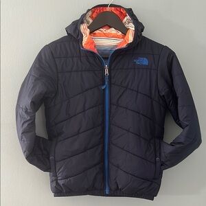 The North Face Boys Reversible Lightweight Puffer Jacket Navy Orange Stripe